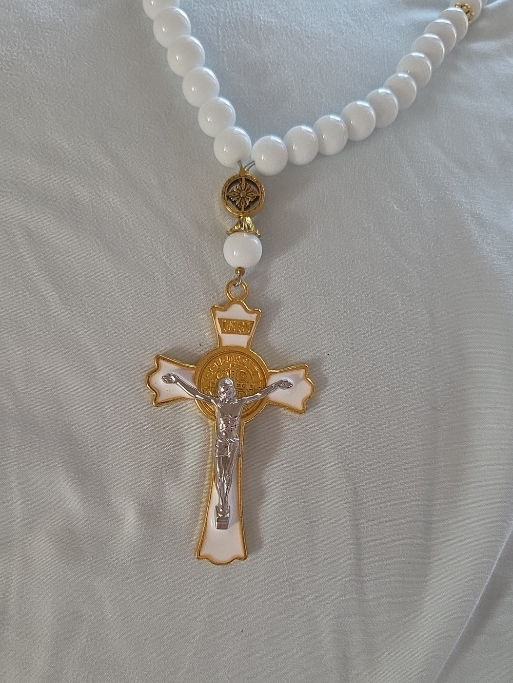White and Gold Enamel Crucifix Pendant Necklace Rosary- Women Jewelry